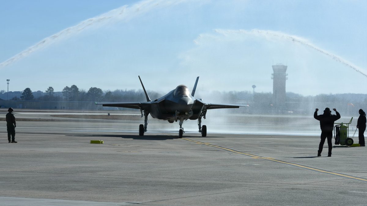 Finnish Air Force F-35A and supporting personnel at Ebbing Air National Guard Base, Fort Smith, Arkansas &mdash; foreign pilot training hub for the F-35A enterprise.