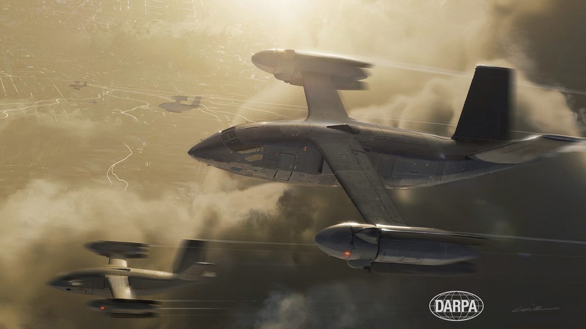 DARPA concept rendering of the operational derivative aircraft based on SPRINT technology &mdash; optionally piloted, internal payload bay, target cruise speed of approximately 450 knots.