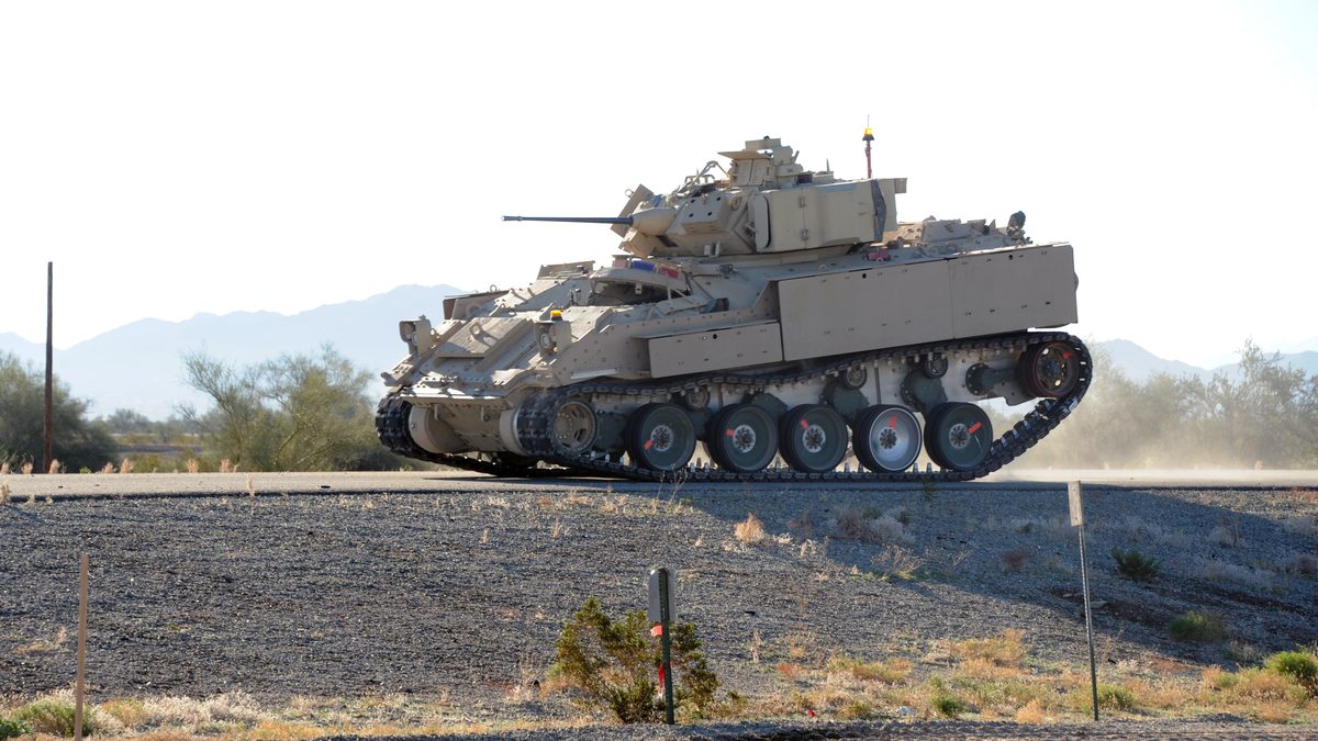 Bradley Advanced Running Gear demonstrator &mdash; the chassis and suspension baseline inherited by the XM30 MICV